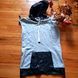 Banana Republic Womens Small black faux leather gray cotton tunic Hoodie Pocket
